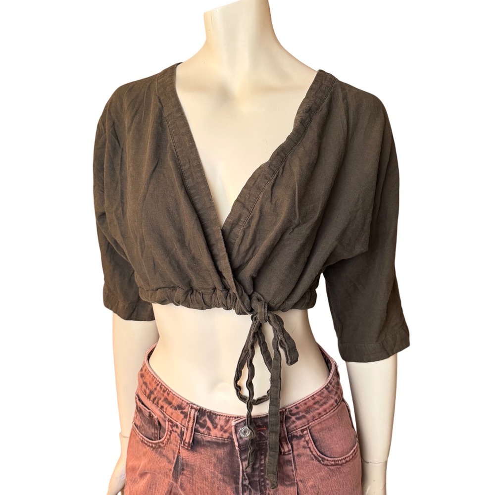 Urban Outfitters Linen Wrap Crop Top Dark Olive Green Boho Fairycore Coastal S
